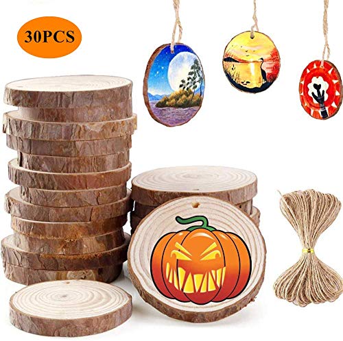 Ponangaga Lot de 30 disques en Bois Naturel pour Bricolage Décoration de Table avec Trou pour décoration de Table de Mariage et de Noël avec Jute Twine de 10 m (6-7 cm)