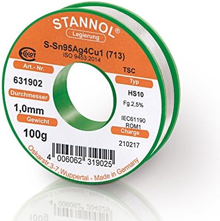 Stannol solder wire, type HS10, alloy TSC Sn95, 5Ag3, 8Cu0, 7.1 mm, 100 g spool, 1 piece, 631902