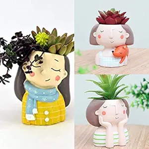 Brotherhood Enterprise Combo Pack of 3 Dreaming Design Winter Wear Girl Resin Pot|Fox Girl|Imported Resin Pots Unique & Trendy Design Return Gifts Succulent Pots polyresin Pot Home Decor(Set of 3)