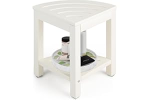HOMASIS Sgabello Bagno a Ventaglio, Sgabello per Doccia a 2 Ripiani, Sedia Multiuso in HDPE, Sgabellino Basso e Salvaspazio, Impermeabile e Antiscivolo, Portata 150kg, 32,5 x 43,5cm (bianco)