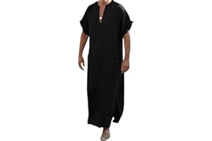 YAOHUOLE V-Ausschnitt Herren Kaftan Seite Split Kurzarm Robe Baumwolle mit Taschen