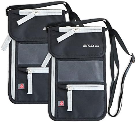 SMING Travel Neck Pouch Passport Holder with RFID Blocking- Compact Neck Wallet(2 pack) with free RFID Sleeves