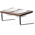 FUKUMARU Elevated Cat Ceramic Bowls, Small Dog 15°Tilted Raised Food Feeding Dishes, Solid Walnut Water Stand Feeder Set for Cats and Puppy