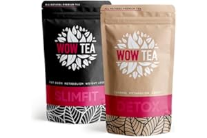 ‎WOW TEA WOW TEA - 2 Diät-Tees - Detox Tee & SlimFit Tee & Ayurveda | Bester Gewichtsverlust und Entgiftung-Grüner Tees | Grüner Tee, Yerba-Mate | 100% natürlich | 300 gr, Made in EU
