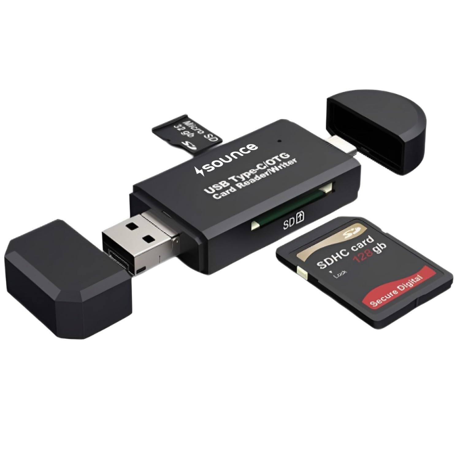 Sounce 3 in 1 SD Card Reader USB Type C, USB 3.0 and Micro USB OTG Memory Card Adapter, Portable for TF, SD, Micro SD, SDHC, MMC, RS-MMC and Micro SDXC - Black