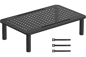 BONTEC Adjustable Monitor Stand, Ergonomic Metal Riser with 3 Height Levels (100/120/140mm), Ventilated Mesh Surface, Up to 20KG Weight Capacity, Cable Management, Laptop & Computer Monitor Riser