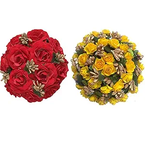 Vinshbond Red Rose Flower Gajra Bun for hair and Yellow Hair Bun Gajra Juda Maker Flower Gajra Hair Accessories For Women and Girls Multicolor Pack-02