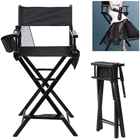 Heavy Duty Folding Telescope Makeup Telescopic Artist Director Chair Wood Foldable with side bags Director Stool Painter Portable Lightweight Black