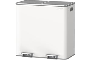 SONGMICS Dual Rubbish Bin, Metal Recycling Bin with 15 Rubbish Bags, 2-Compartment, with Lids, Pedals, Plastic Inner Buckets, Soft Closure, 2 x 10.6 Gallons (2 x 40 L), White and Grey LTB730W82