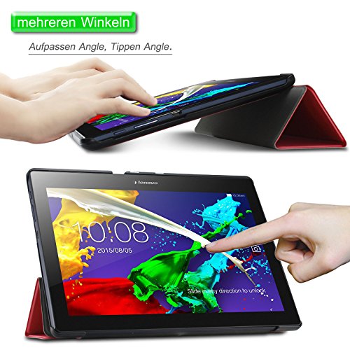 Infiland Lenovo Tab 2 A10-70 / Tab 2 A10-70L / Tab 2 A10-70F / Tab 2 A10-30F / Tab 2 A10-30L / Tab 3 10 Business/ Tab3 10 Plus Hülle Case, Ultra Dünn Tri-Fold Smart-Muschel PU Leder Schutzhülle für Lenovo Tab 2 A10-70 / Tab 2 A10-30 / Tab 3 10 Business/ Tab3 10 Plus 10,1 Zoll Tablet (mit Auto Schlaf / Wach Funktion)(Rot) - 3