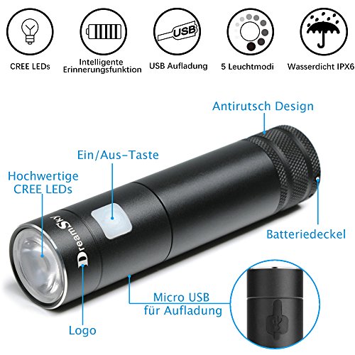 DreamSky wiederaufladbare LED Taschenlampe mit 18650 Batterie und USB Ladekabel, einstellbare 5 Leuchtmodi, wasserdicht, geeignet für Haushalt, Arbeit und Outdoor Aktivitäten - 2