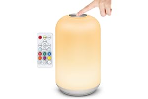 KOOFIT Lámpara de Mesita de Noche Táctil, RGB Colores Ajustables Continuo, Lámpara de Mesa Recargable con USB, con Temporizador, Luz Nocturna Niño