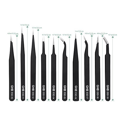 GHB 10Pcs Pinzetten ESD Anti Statik Edelstahl präzise Präzisions Reparatur Werkzeug Schwarz für Elektronik Schmuckherstellung Industrie Kosmetik - 6