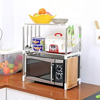 Shag Stainless Steel Space Saver Double Design Microwave Oven Stand (Multicolour, 49.5-85x30x60cm)