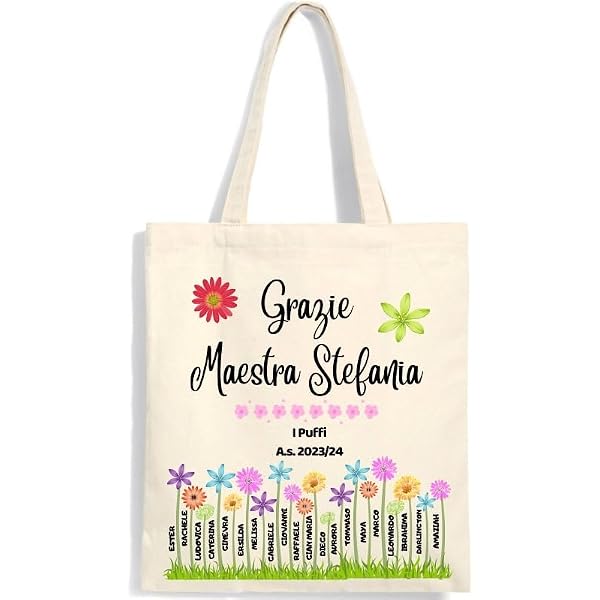 Shopper Borsa In Cotone Beige Per Maestra Inglese, Nido O Materna - Idea Regalo Di Natale O Fine Anno, Made In Italy. Dimensioni 38x42 Cm.