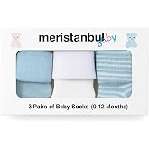 Meristanbul Baby 3&rsquo;l&uuml; Bebek &Ccedil;orap Seti &ndash; Kutulu Hediye Seti (0-12 Ay) | Yumuşak Pamuk | Kız ve Erkek Bebek İ&ccedil;in Uygun | Mavi 