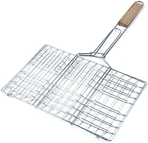RUECAB 1088 Barbecue Grill Double Grid Wood Handle Stainless Steel Silver, 22 x 34 cm