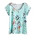 Produktbild Kurzarm Oberteile Damen,Frauen Oberteile Elegant Sexy Blumendruck Tasche Rundhals Gerollte Manschette Kurzarm T Shirt O-Ausschnitt Lose Tops Bluse Sommer T-Shirt Blusen Tops (Blau, L)