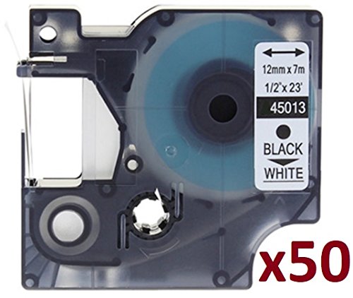 50 Compatible Dymo D1 45013 12mm x 7m Black on White Label Tapes