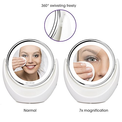 Tragbar beidseitig LED Kosmetikspiegel, 1/7-facher Vergrößerung,Beleuchtete Reise Vanity Mirror,360 Schwenkbar - 2