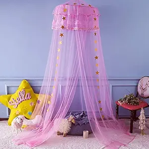 Twinkle Star Kids Mosquito Netting Princess Bed Canopy 3 Layers Lace Ruffle Dome for Baby, Girls (Pink)