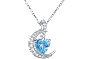 Qings Birthstone Necklace Crescent Moon - Sterling Silver 925 Heart Pendant Dainty Halo Necklaces Birthstones Jewelry Gifts for Women Wife Girls