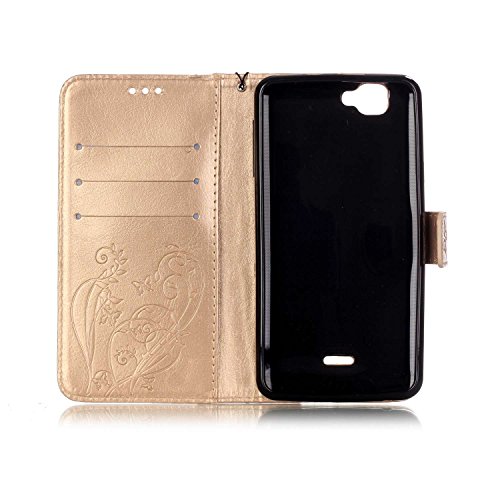 Wiko Rainbow Hülle,Wiko Rainbow 4G Ledertasche Brieftasche im BookStyle,SainCat PU Leder Wallet Case Folio Reliefprägung Schutzhülle Schmetterling Muster Hülle Braun Bumper Handytasche Skin Schale Soft Backcover Handy Tasche Flip Cover Buchstil Klapptasche in Lederoptik mit Standfunktion Karteneinschub und Magnetverschluß Etui Flip Case für Wiko Rainbow 4G (Golden) - 4