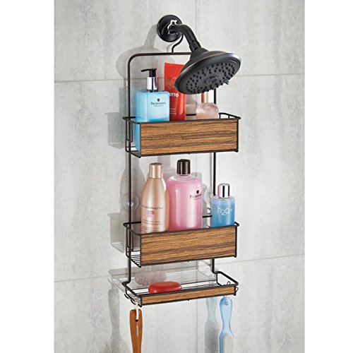 mDesign Hängeregal für die Dusche – Duschregal ohne Bohren – einfach einhängen – Duschkorb mit Ablagen und Haken für Shampoo, Conditioner, Seife etc. – bronzefarben/rosenholzfarben - 3