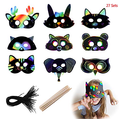 Scratch Art Masks, Scoolr Scratch Rainbow Masks Magic Scratch Paper Art for Kids DIY Animal Masks Dress Up with Elastic Cords and Wood Stylus for Kids Party Favor Craft Supplies Classroom Activities