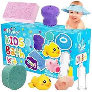 RVEE Kids Bath Kit 7 in 1 Baby Shower Gift Set Bath Toys - Bath Sponge - Shampoo caps - Pack of 7 Different Essential Bathroom products accessories for Kids / Babies(0-3 year old), Multicolor