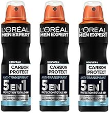 L'Or&eacute;al Men Expert Carbon Protect 5 en 1 Ice Fresh D&eacute;odorant Homme Atomiseur sans Alcool  - Lot de 3