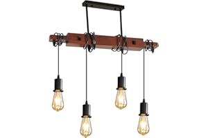 Goeco Suspension Luminaire Rétro Industrielle, Vintage Lustre Lumières E27 Lustre Suspension en Bois 4 pour Salle à Manger Salon (Ampoule Non Incluse)
