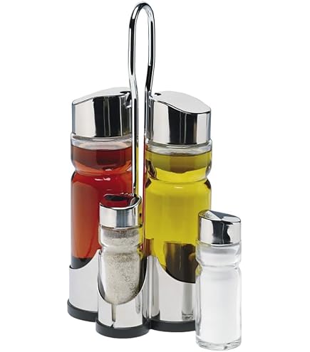 Set Condimento 5 Pezzi In Acciaio Inox 18/0 Con Inserti In Vetro, Per Aceto, Olio, Sale E Pepe, 14x11x19 Cm - 3