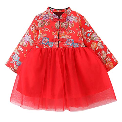 Hahuha Kinderbekleidung,2-3 Jahre alte Kinder s langärmelige Blume chinesischer Stil Chinesisches Neujahrskostüm Chinesisches Neujahrskleid Cheongsam Nähte Net Rock Rock Prinzessin Kleid rot /