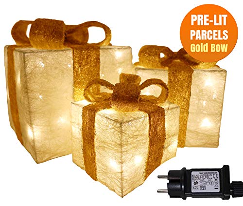 Preisvergleich Produktbild Weihnachtsdekoration Verkauf Beleuchtet Weihnachtspakete Geschenkbox Beleuchtet Präsentiert Ornamente Geschenkset mit 3 Creme Jute Glitter Pakete Goldbogen 55 LEDs Netzbetriebene Baumdekoration