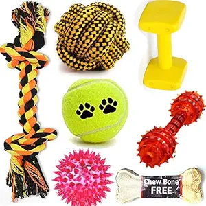 BLACK DOG Attractive Cotton Poly Mix Chew Dog Toys for Teething Suitable Small and Medium Puppies + Tennis ball Toy + Cotton Rope Toy + Squeeze Toy + Chew Rope Ball Toy + Color full Plastic Dumbly Toy + New Chew Toys + (7 in 1 Combo + Buy One Combo Get One Chew Bone Free )