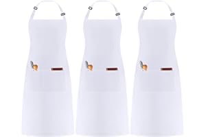 umboom 3 Pezzi Bianco Grembiule, Regolabili Cuoco Grembiule con 3 Tasche per Donna Uomo, Professionale Lavoro Grembiule per Cucina, Barbecue, Ristorante, Bar, Giardino, Pittura (Policotone - Bianco)