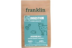 Franklin – Croquettes pour Chien Sensible – Gamme Protéinée – avec 52% d'agneau – sans céréales – Mono-protéine – Taille 13 mm – 2,5 kg