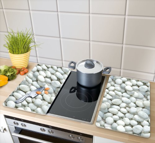 WENKO 2521300100 Herdabdeckplatte Universal Kieselsteine - 2er Set, für alle Herdarten, Gehärtetes Glas, 30 x 1.8-4.5 x 52 cm, Mehrfarbig
