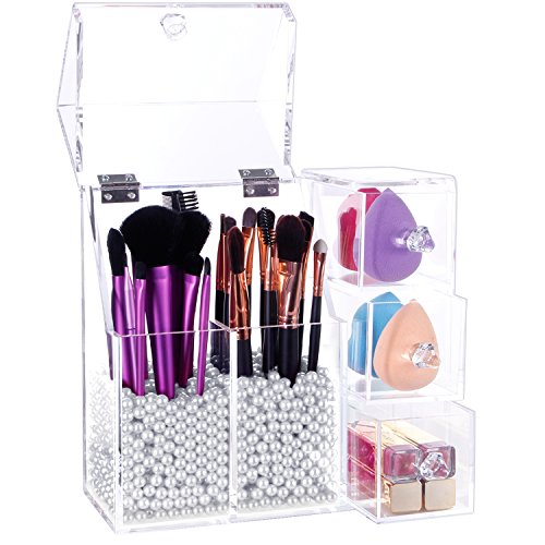 Lifewit Kosmetik Organizer Makeup Aufbewahrung Sortierkasten mit 3 Schubladen Acrylic Pinsel Aufbewahrung mit weiße Perle Kosmetikorganiser mit Deckel - 2