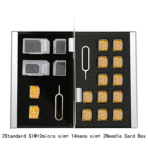 Myymee 2 Standard SIM Card Holders + 2 Micro Sim Card Holders+ 14 Nano Sim Card Holders,Metal Aluminum alloy SD Card Holder Case Mobile Phone Memory Card Storage Case Silver