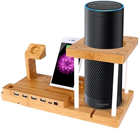 Bamboo Speaker Stand for Amazon Echo ,Trofong UE Boom and Charging station with 4-Port USB Charger
