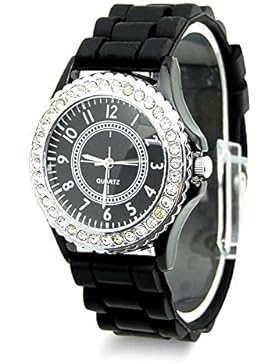 GSP Damen Armbanduhr Silikon Quarz Uhren Strass Dekor Quarzuhr Analog Damenuhr Farbe Schwarz