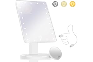 WOOBROO Makeup Vanity Mirror with Lights and 22 LED Lighted Makeup Mirror, Detachable 10X Magnification, Adjustable Dimming Touch Sensor, Dual Power Supply, 270° Rotation, Portable Cosmetic Mirror - White