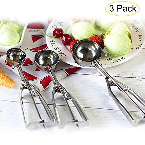 Juego de 3 cucharas para galletas de acero inoxidable con gatillo para helado, tamaño grande, mediano, pequeño, perfecto para galletas, helados, magdalenas, melón, carne.