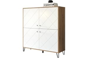 ‎TRENDTEAM SMART LIVING trendteam smart living - Touch - Sideboard - Weiß/Eiche - Highboard mit 4 Türen und 3 Einlegeböden - Fronten mit dekorativer Fräsung - (BxHxT) 123 x 136 x 40 cm - extravagante schwarze Metallfüße