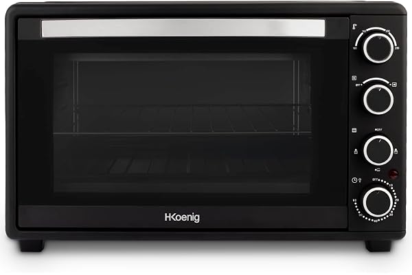 H.Koenig FO45 Mini Four 45L Electrique Posable Compact Multifonction Performant 2000W Programmable, 230°, Minuterie 60 min, Arrêt automatique, Porte vitrée, Grille et lèchefrite, Pizza, Plats