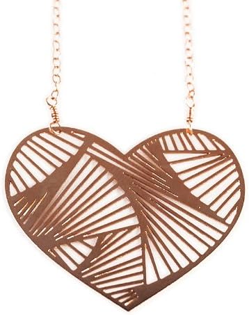 Rose Gold Plated Heart Necklace Laser Cut Etched Pendant for Women, 15.8" + 1.6" Extension
