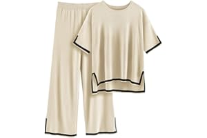 DONYKARRY 2 Pieces Jogginganzug Damen Set Kurzarm/Langarm Lounge Sets Strickpullover Top Weites Bein Elastische Taille Hose Anzug