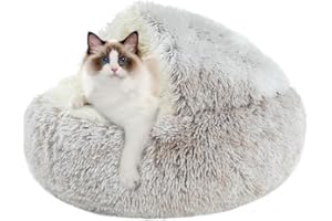 CUEMOON Fluffy Cat Bed, Round, Soft Plush, Small Dogs and Cats Pet Bed, Washable, Non-Slip Dog Beds, Long Plush Thickened Warm Dog Basket, Sleeping Pillow, Non-Slip, Curry
